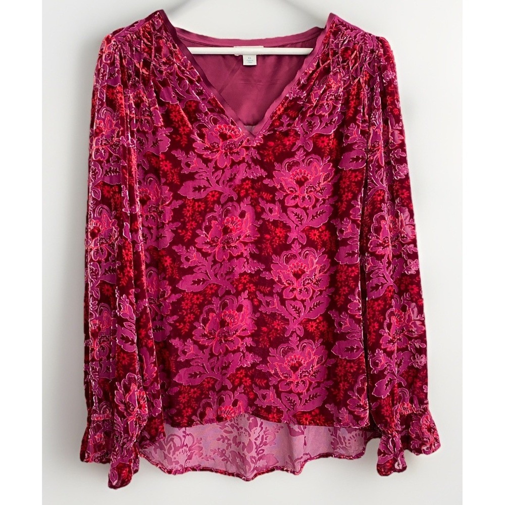 SUNDANCE Velvet Burnout Pink Red Silk  Blouse Floral 🌺 Romantic Quiet Luxury XL